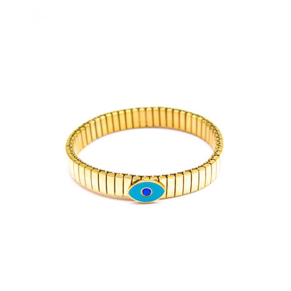PULSERA TIPO LIGA DORADA CON OJO TURQUESA