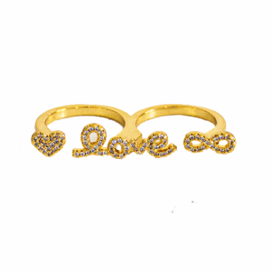 ANILLO DOBLE DORADO CORAZÓN, LOVE E INFINITO CON ZIRCONIAS